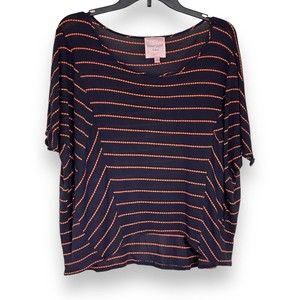 Romeo & Juliet Couture Navy Orange Stripe Lightweight Short Sleeve Blouse Med